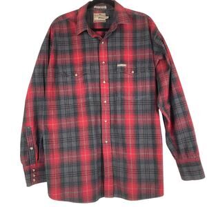 Powder River Button Shirt Men XL Red Gray Plaid Flannel Pearl Snap 100% Cotton